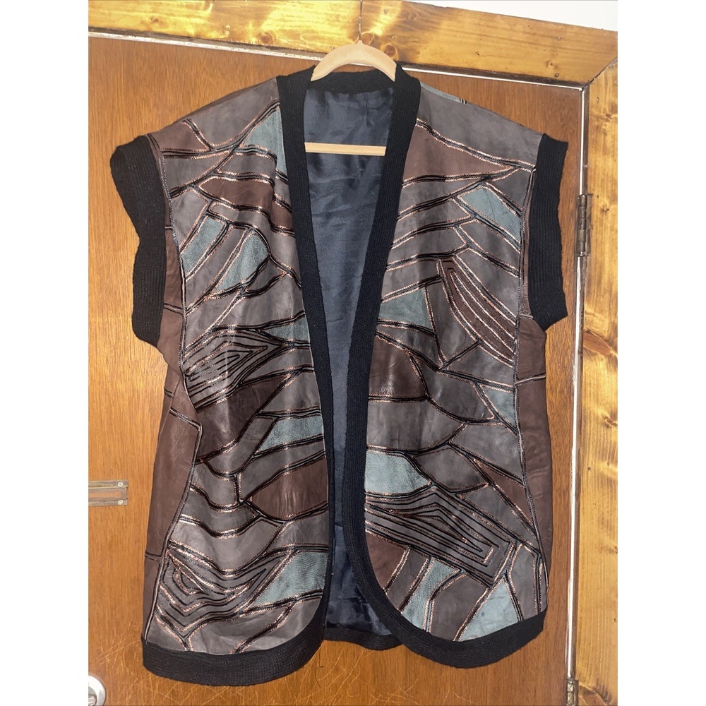 Vintage Leather Vest Open Front Cardigan Art To Wear Boho Black Brown Green